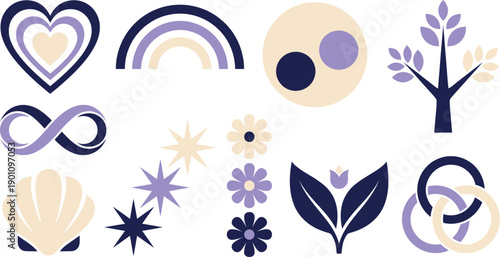 Multi generational abstract nurturing symbols with 10 elements lavender deep navy soft cream nesting hearts circles protective arcs family tree leaf clusters infinite loop shell starbursts flowers 