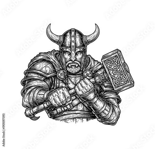 Viking Warrior with Hammer – Norse Mythology Engraved Artwork