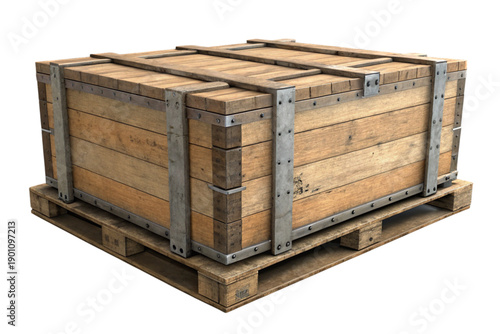 Wooden crate on a pallet with metal straps for shipping or storage purposes easily