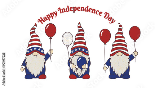 Vector illustration of three patriotic gnomes holding balloons and a sign for 4th of July or Independence Day celebration, for banner or poster or social media