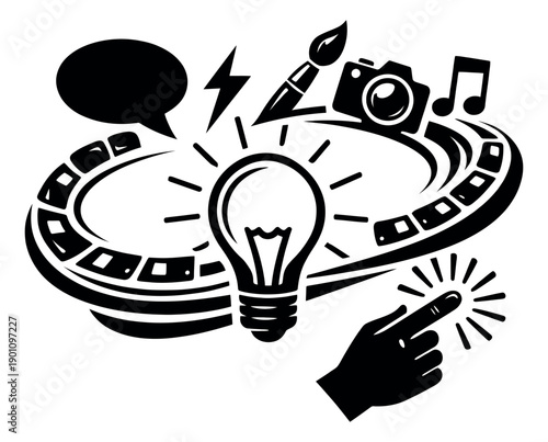 Conceptual line art illustration of an idea depicting the creative process with various media elements for innovation and content generation