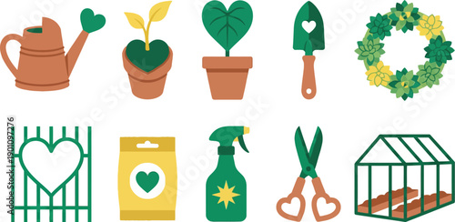 Plant mom and gardening nurture icons collection with 10 elements emerald green terraced clay buttercup yellow watering can heart seedling soil pot trowel succulent wreath trellis seed packet spray 