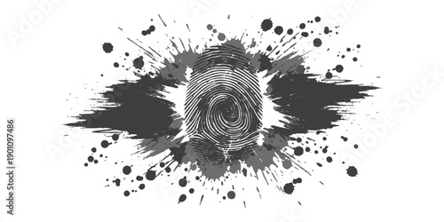 Grungy fingerprint with dark ink splatter and abstract distressed elements, a bold graphic design concept