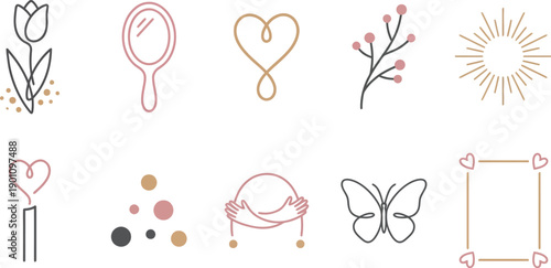Modern minimalist line art and dot elements with 10 elements charcoal grey soft rose warm sand continuous line tulip hand mirror heart loop branch blossoms sunburst candle dots triangle arc butterfly 