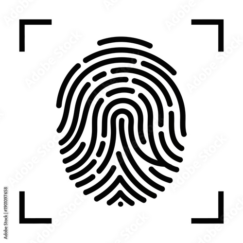 A black and white graphic illustration of a fingerprint scanned within a square frame.