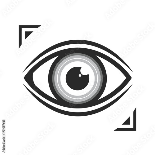 Stylized graphic representation of a human eye with concentric circles and corner brackets.