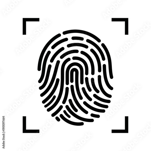 A black and white illustration of a fingerprint within a square scanner frame.
