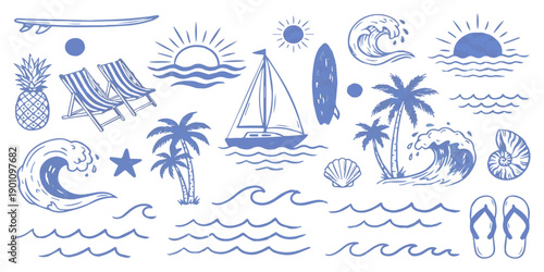 Set of hand-drawn blue summer beach icons and symbols, including a sailboat, palm trees, waves, and surfboards, perfect for vacation themes.