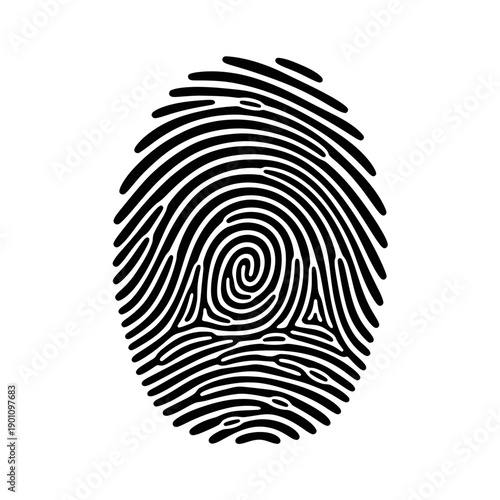 A detailed black and white illustration of a human fingerprint with a swirling pattern.