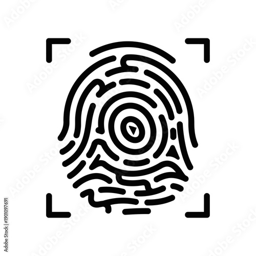 A black and white graphic illustration of a fingerprint being scanned within a square frame.