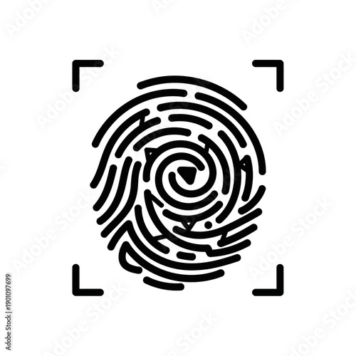 A black and white illustration of a fingerprint scan within a square frame.