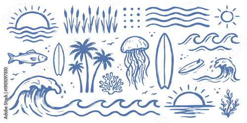Collection of hand-drawn, sketchy blue line art elements depicting a summer beach scene with waves, sun, palm trees, surfboards, and marine life