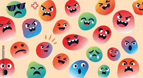 A vibrant collection of cartoonish, colorful, and expressive characters displaying a wide range of emotions.