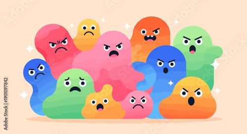 A diverse group of colorful, blob-like characters expressing various negative emotions like anger and sadness.