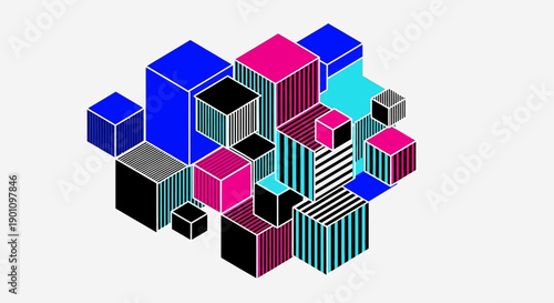 An abstract arrangement of colorful isometric cubes and rectangular prisms of varying sizes and colors.