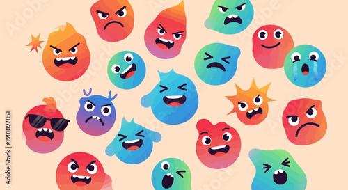 A vibrant collection of diverse cartoon characters expressing a wide range of emotions and moods.