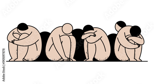 Four figures huddled together in a line, heads bowed and knees drawn up.