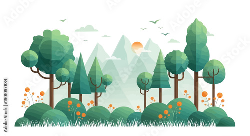 A vibrant, stylized landscape illustration featuring lush green trees, rolling hills, and distant mountains under a soft, hazy sky with a setting sun.