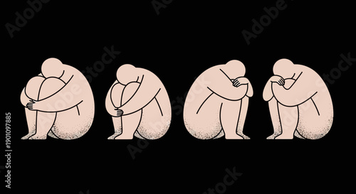 Four simplified figures curled up in a fetal position against a black background.