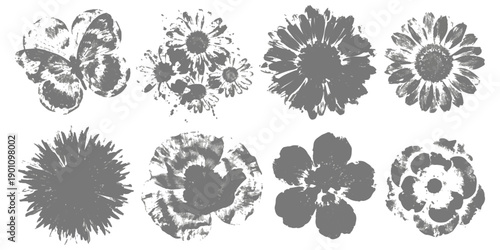 Set of textured floral stamps with grunge effect and scattered petals, graphic design elements