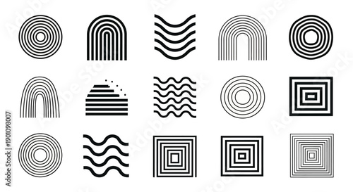 A collection of abstract geometric shapes and patterns, including concentric circles, arches, waves, and nested squares, presented in a minimalist black and white design.