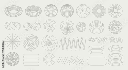 A collection of abstract 3D wireframe geometric shapes and forms on a neutral background.