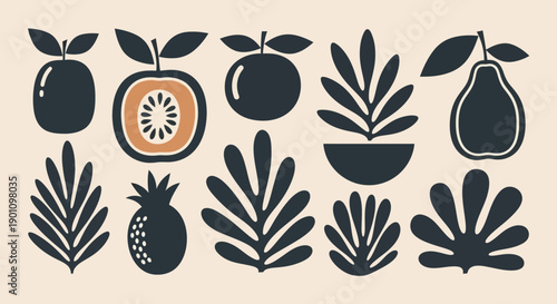 A minimalist illustration featuring a collection of stylized fruits and tropical leaves in a muted color palette.