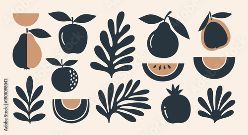 Abstract illustration of stylized fruits and leaves in a minimalist, mid-century modern aesthetic.