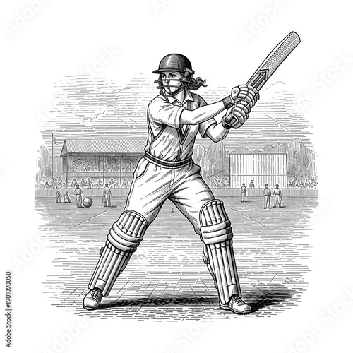 Engraving of a woman playing cricket in a helmet