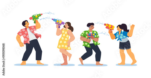 Songkran Water Festival and Thai New Year Illustration Set, People Playing Water Guns and Splashing, Modern Flat Character Collection