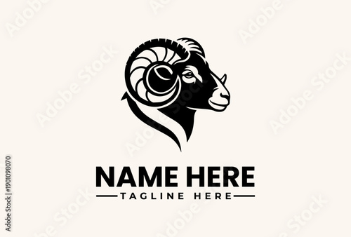 Black and white vector illustration of a ram's head logo with a placeholder name and tagline on a beige background.