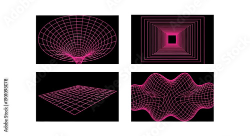 Four abstract geometric wireframe grids in pink on a black background, depicting different spatial distortions and perspectives.