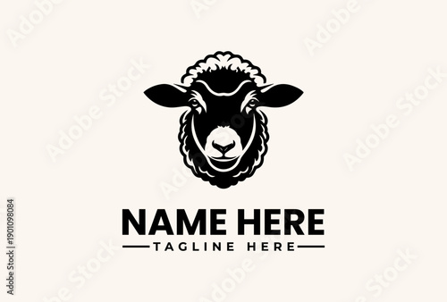A black and white illustration of a sheep's head with a placeholder name and tagline on a beige background, featuring a logo and vector graphic design elements.