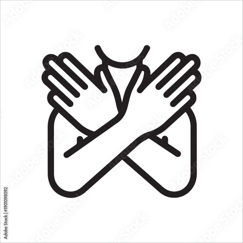 A graphic illustration of two hands crossed over a person's chest in a symbol of refusal or rejection.