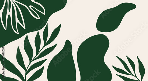 Abstract minimalist illustration of dark green tropical leaves and organic shapes on a light cream background.