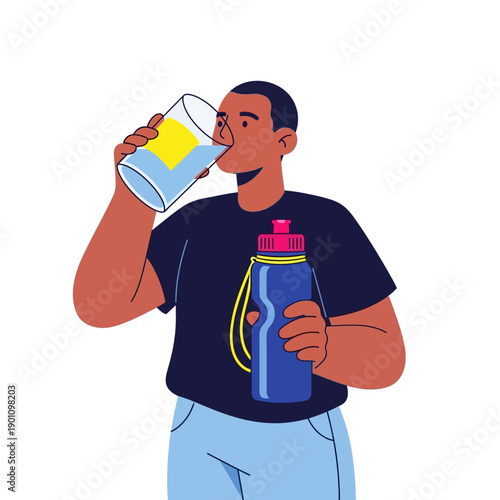 Young man staying hydrated with refreshing drink and water bottle