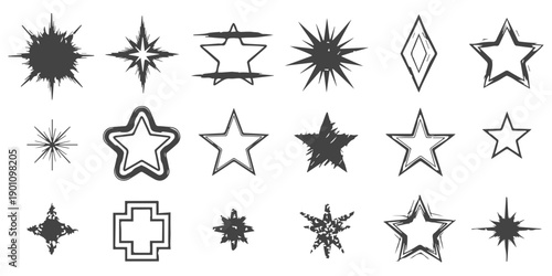Collection of distressed and grunge starbursts, stars, and geometric shapes with a rough, hand-drawn aesthetic vector graphic