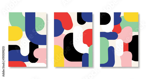 Abstract geometric shapes in vibrant colors arranged in a triptych art piece.
