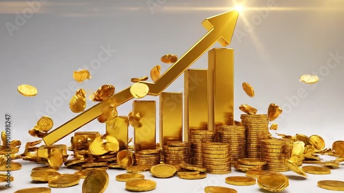 Wallpaper Mural Golden arrow graph indicates strong financial growth amidst rising stacks of money and falling coins. Torontodigital.ca