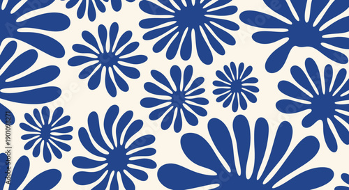 A close-up view of a pattern of blue flowers with white petals on a cream background.