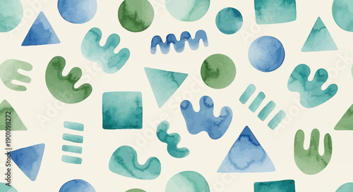 A whimsical watercolor pattern featuring a playful arrangement of abstract shapes and geometric forms in soothing shades of blue and green.