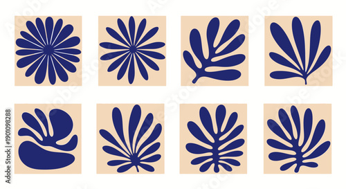 A collection of eight abstract digital illustrations featuring dark blue organic shapes and floral motifs on a beige background.