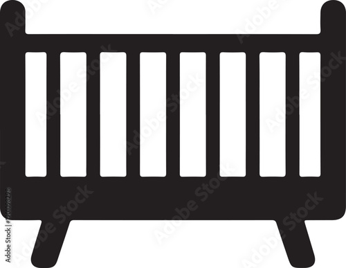 Baby Crib Icon Black and White Flat Silhouette Nursery Bed Illustration Isolated on White Background