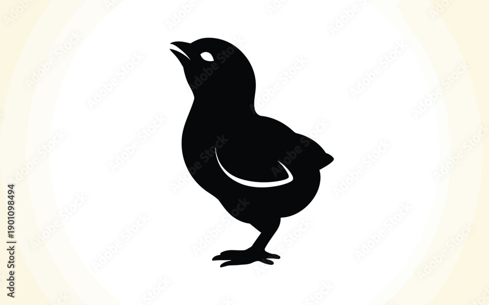 Fototapeta premium Black silhouette bird standing on one leg with open beak on white background with beige border