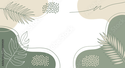 Abstract organic shapes and botanical line art with palm leaves and dots.