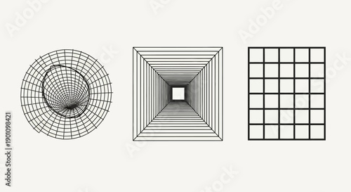 Three abstract geometric wireframe illustrations: a distorted cylinder, a receding square tunnel, and a grid.