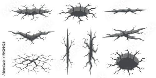 Set of diverse cracked ground textures and effects, representing fissures and geological breaks in a realistic vector illustration style.