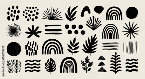 A collection of abstract black organic shapes and patterns on a beige background.