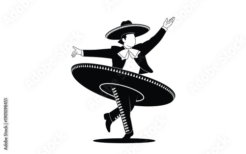 Mexican mariachi dancer in traditional sombrero and charro suit performing dynamic dance move on white background