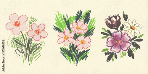 Delicate pastel floral arrangements with a charming hand-drawn sketch aesthetic and vibrant green foliage